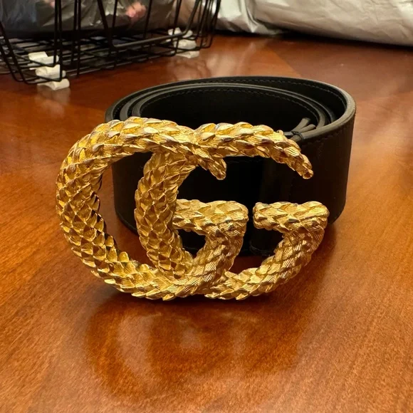 Gucci Black Leather Gold Textured Double G Buckle GUCCI Double G Buckle Textured Leather Belt Black 406831  main image 4